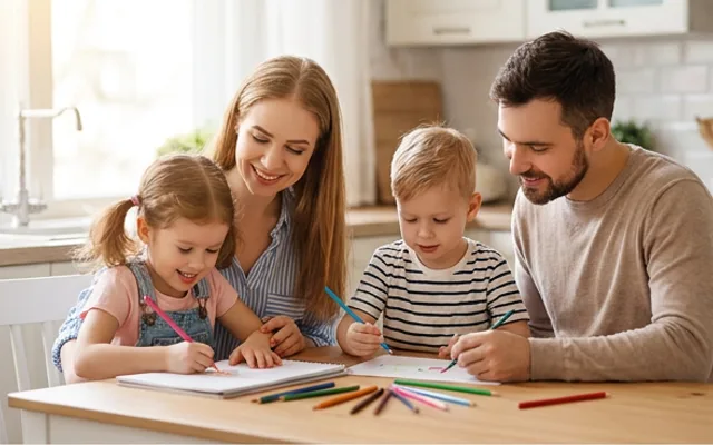 Familie sitzt zusammen am Tisch und malt