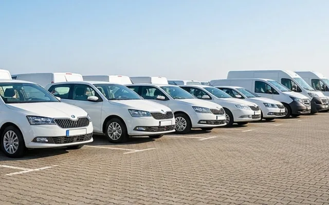 Reihe weißer Firmenfahrzeuge auf einem Betriebshof