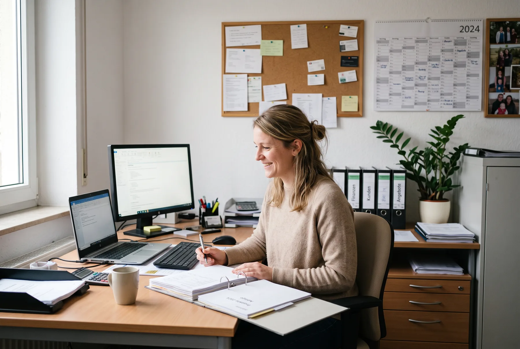 Mitarbeiterin im Personalbüro eines mittelständischen Betriebs am Schreibtisch mit Laptop und Aktenordner