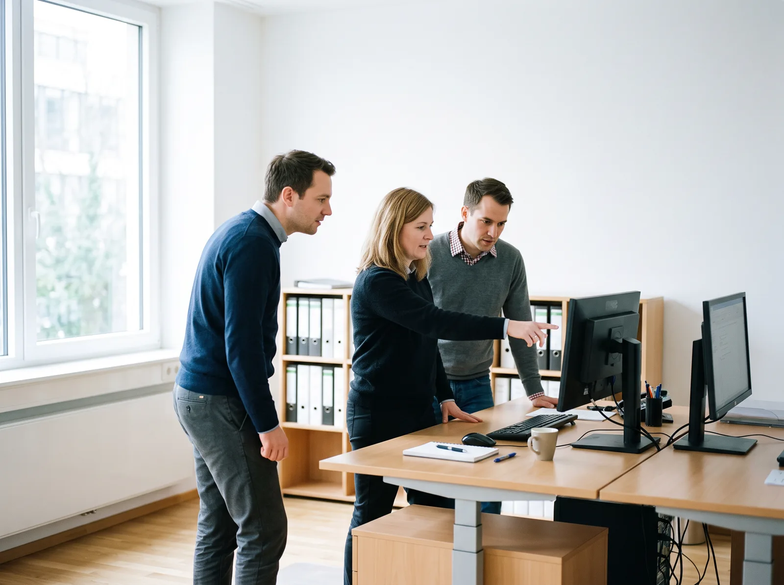 Drei Mitarbeitende einer Verbandsgeschäftsstelle besprechen gemeinsam etwas am Bildschirm