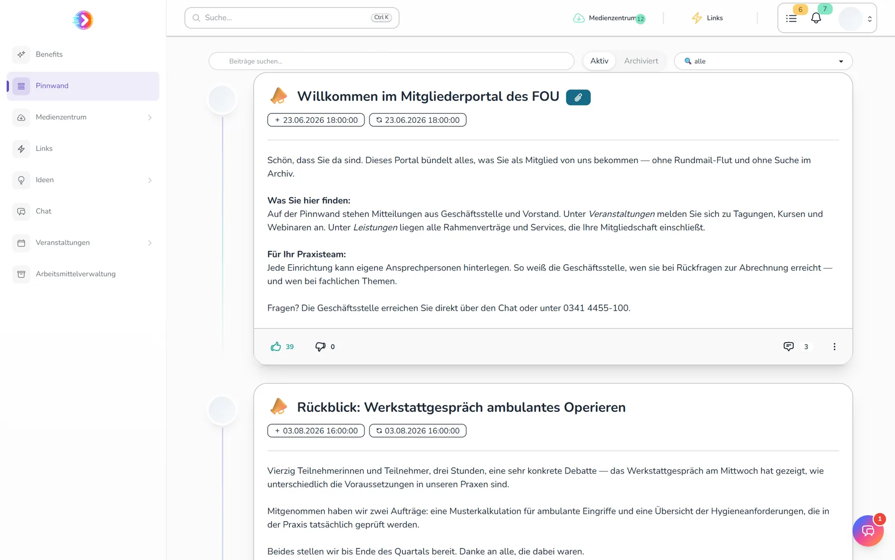 Pinnwand im Verbandsportal mit Mitteilungen der Geschäftsstelle