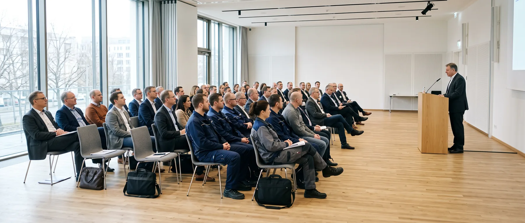 Mitgliederversammlung eines Verbands in einem hellen Konferenzsaal